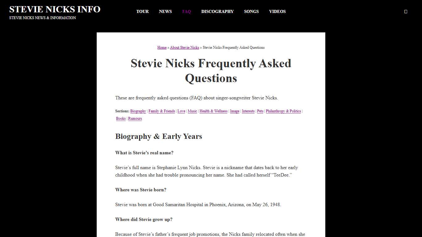 STEVIE NICKS INFO - Stevie Nicks Frequently Asked Questions